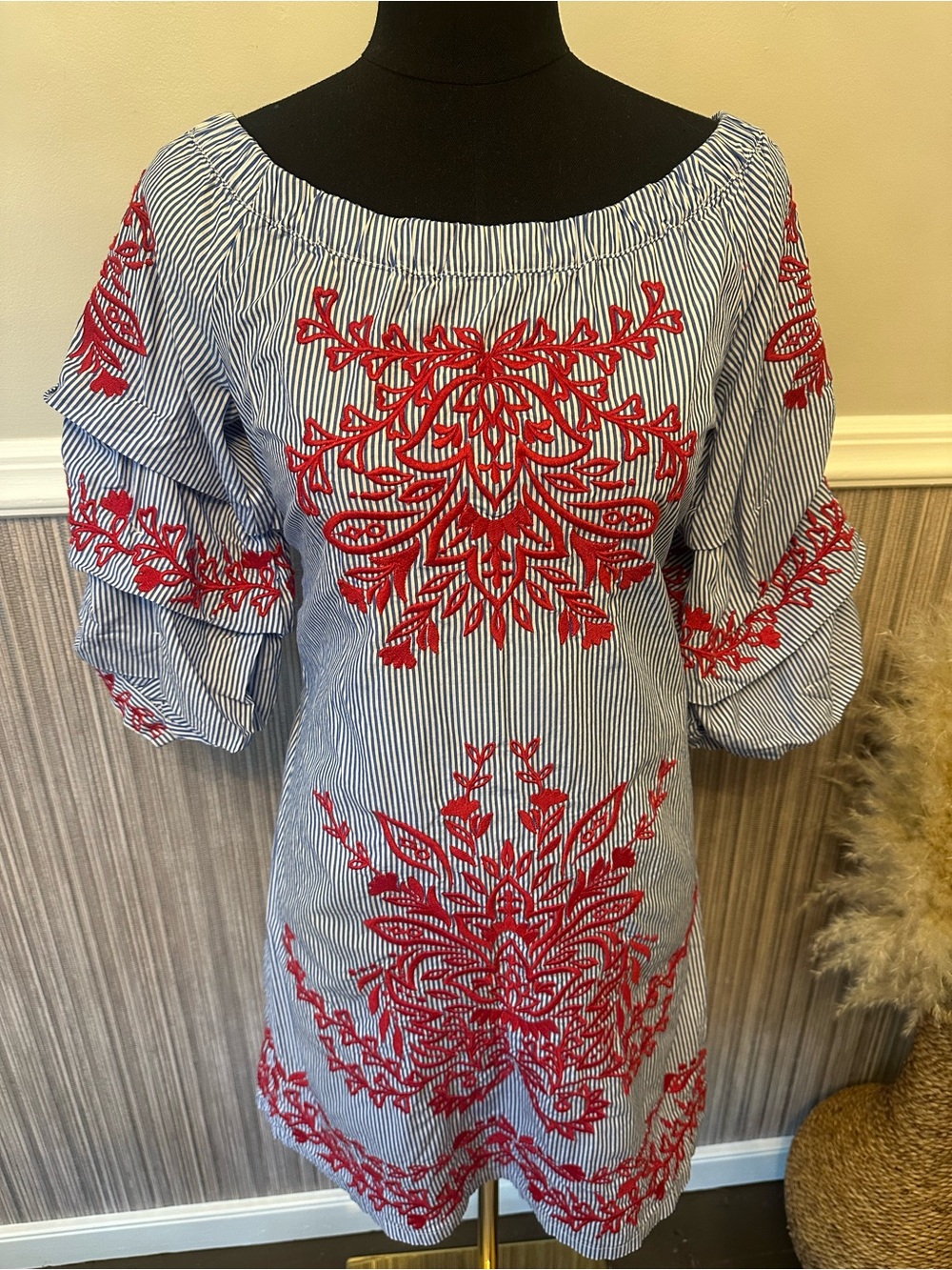 INC International Concepts Striped Embroidered Off Shoulder Dress Small Blue Red - Picture 5 of 11